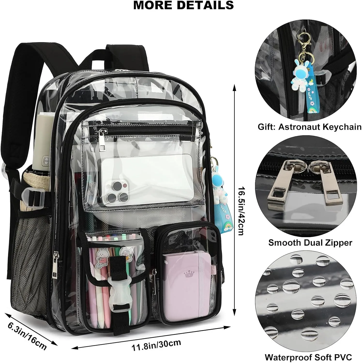 Clear Backpack Heavy Duty Transparent Backpacks Stadium Approved for School Work Sport Travel (Black)
