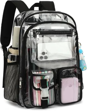Clear Backpack Heavy Duty Transparent Backpacks Stadium Approved for School Work Sport Travel (Black)
