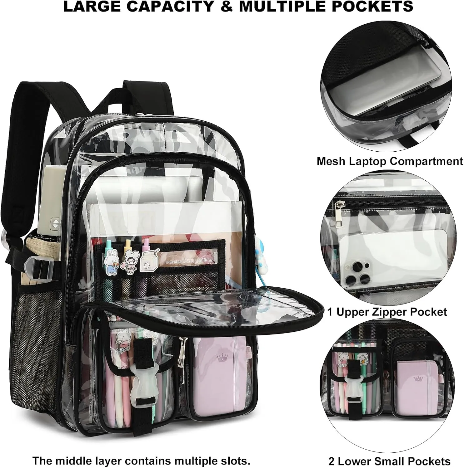 Clear Backpack Heavy Duty Transparent Backpacks Stadium Approved for School Work Sport Travel (Black)