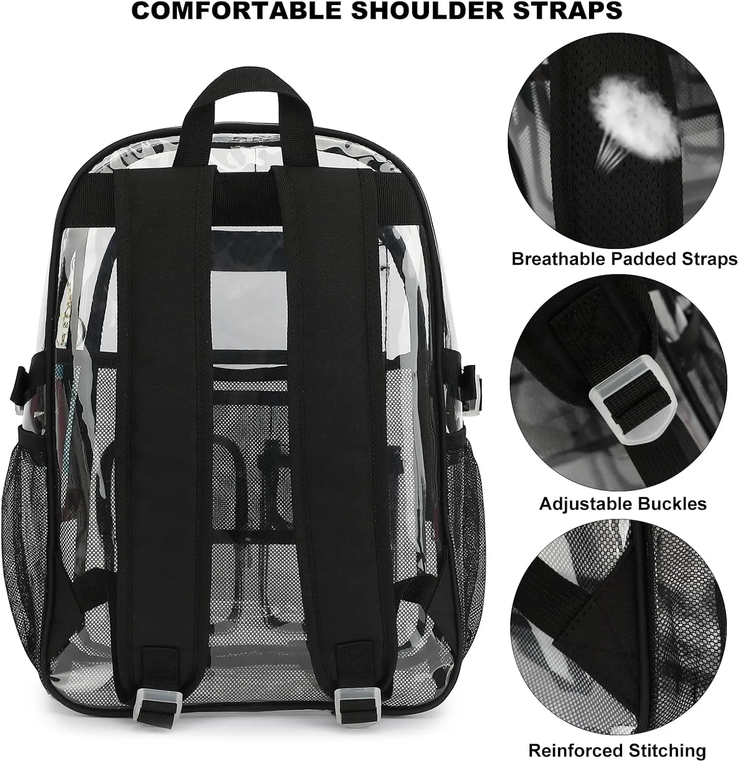 Clear Backpack Heavy Duty Transparent Backpacks Stadium Approved for School Work Sport Travel (Black)