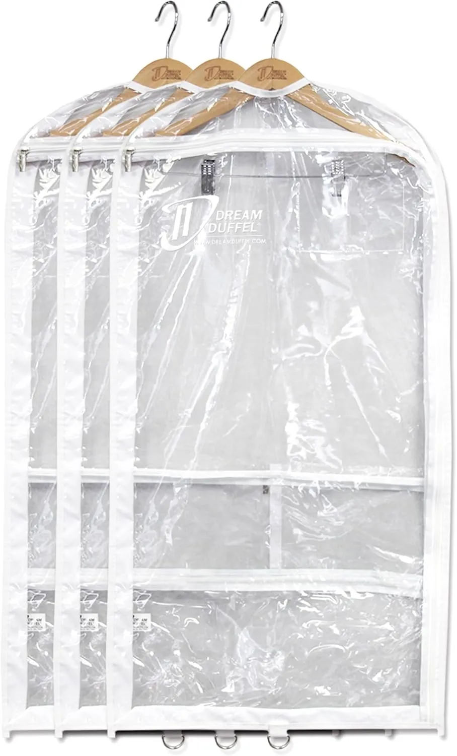 Clear Garment Bags for Dance Costumes 3-Pack, Gusseted, Regular-Size, Side Zipper Entry, Storage Pockets for Accessories, 37”x18”x3”, Dream Duffel