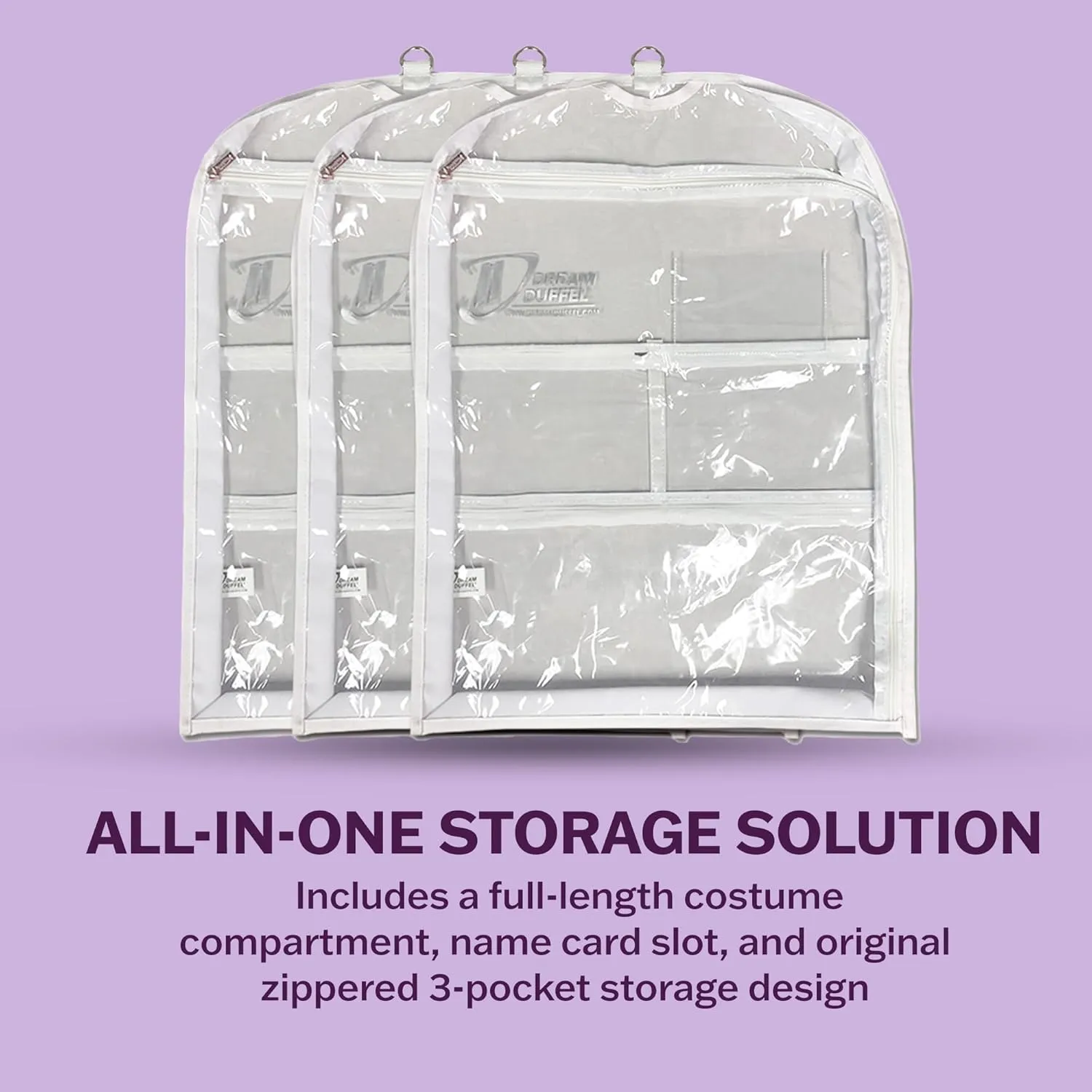 Clear Garment Bags for Dance Costumes 3-Pack, Regular-Size, Side Zipper Entry, Storage Pockets for Shoes & Accessories, Size 37”x18”, Dream Duffel