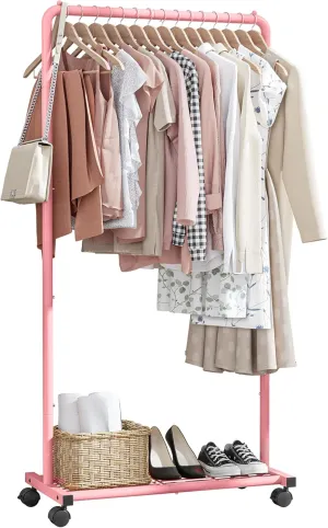 Clothes Rack - Clothing Rack with Storage Mesh Shelf & Casters, Heavy-Duty Metal Clothing Rack for Hanging Clothes, Dresses, Coats, Large Load Capacity, Easy Assembly, Pink, 28.0"x14.0"x59.0"