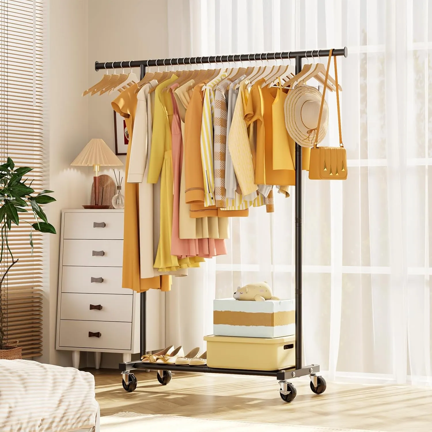 Clothes Rack for Hanging Clothes: Clothing Coat Garment Rolling Racks with Wheels Shelf Portable Closet Storage Organizer Wardrobe Strudy Metal Freestanding Laundry Room Bedroom Dress Shirt Jacket