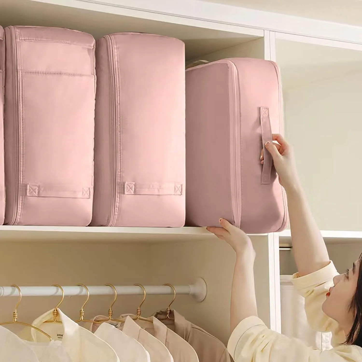Clothes Storage Bag - Large Clothing Bins, Comforter Handle Bag | Foldable Bed Sheets Organizer Keeper with Zipper, Heavy Duty Mobile Clothes Storage Bag for Clothing Blanket Comforters, Pink