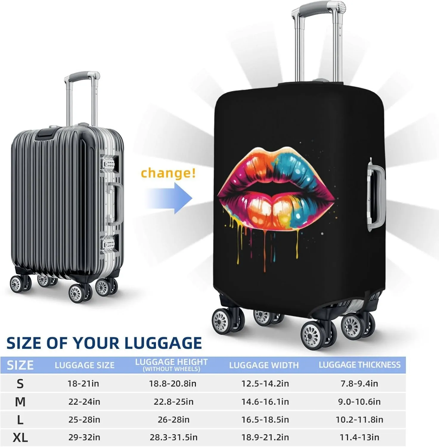 Colorful Lips Travel Luggage Cover Fits 18-32 Inch Luggage, Elastic Suitcase Cover Protector with Concealed Zipper for Wheeled Suitcase Tsa Approved