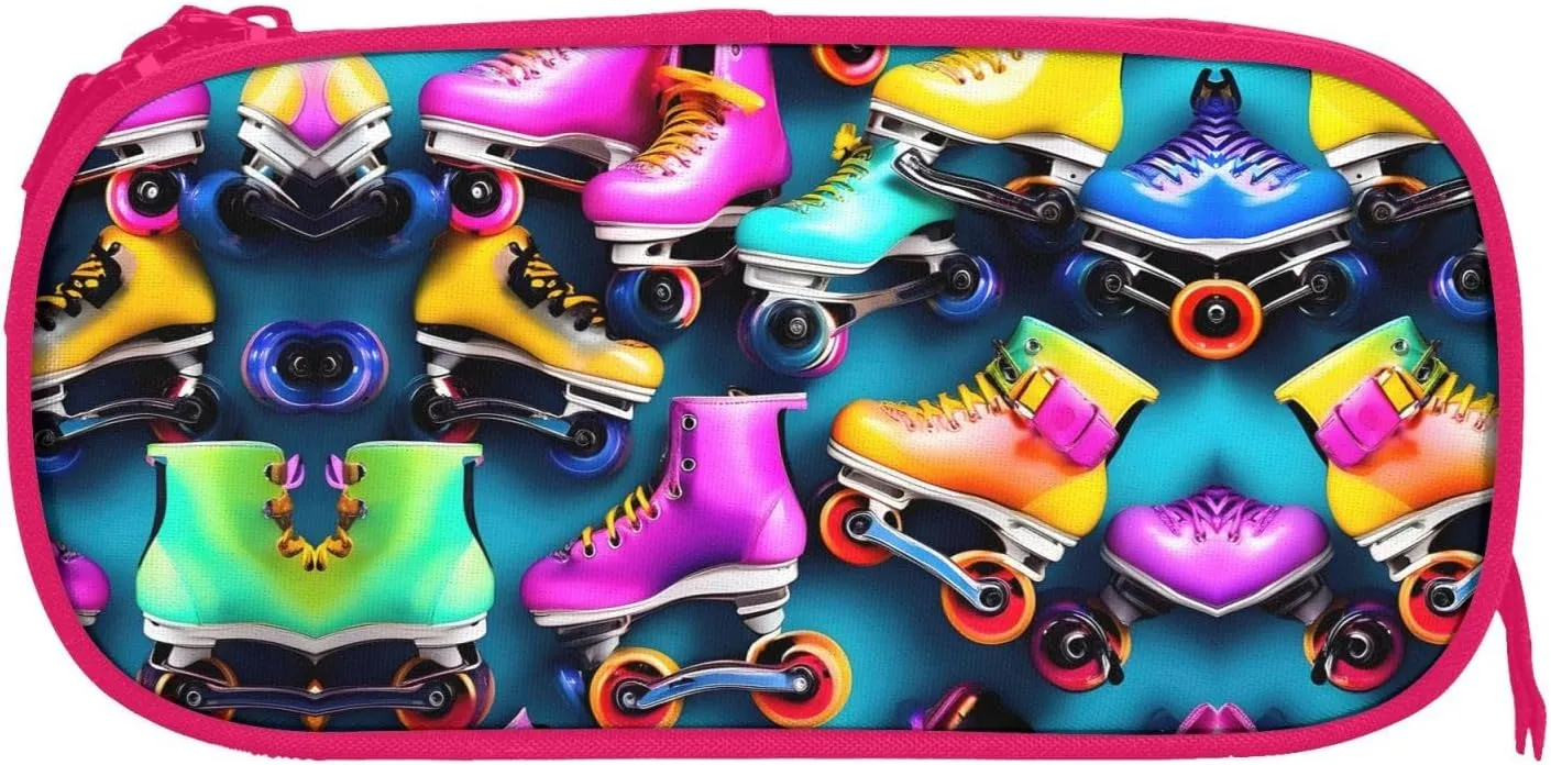Colorful Roller Skates Print Pencil Cases Pen Box Stationery Makeup Bag, Desk Organizer For College Adults Women Men