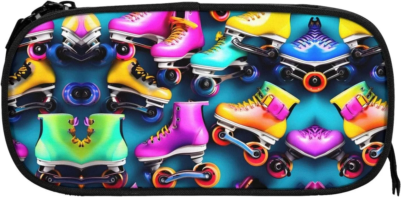 Colorful Roller Skates Print Pencil Cases Pen Box Stationery Makeup Bag, Desk Organizer For College Adults Women Men