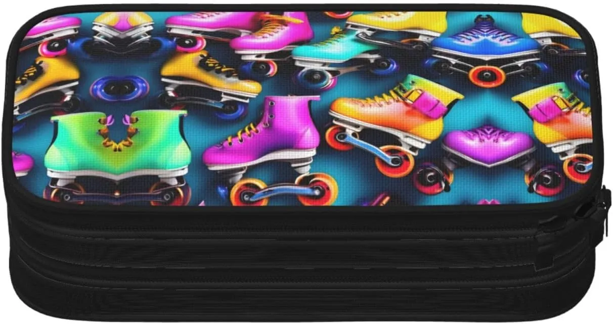 Colorful Roller Skates Print Pencil Cases Pen Box Stationery Makeup Bag, Desk Organizer For College Adults Women Men