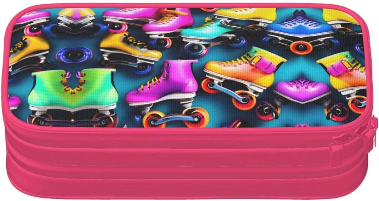 Colorful Roller Skates Print Pencil Cases Pen Box Stationery Makeup Bag, Desk Organizer For College Adults Women Men