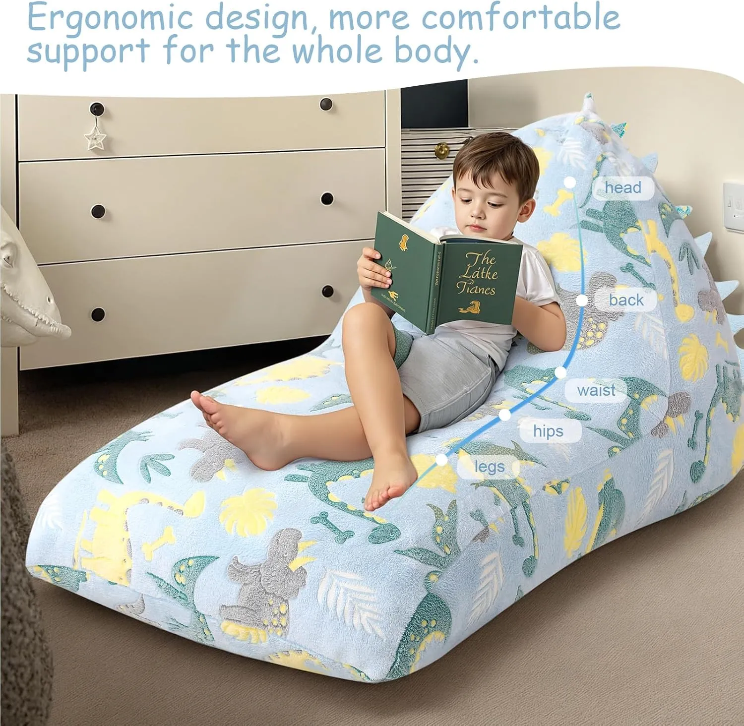 COMAX Dinosaur Bean Bag Chairs for Kids 8-12, Large Kid Beanbag Chair with Filler, Big Toddler Lounge Bean Chair, Children Lazy Floor Lounger for Girls Boys, Blue Dinosaur