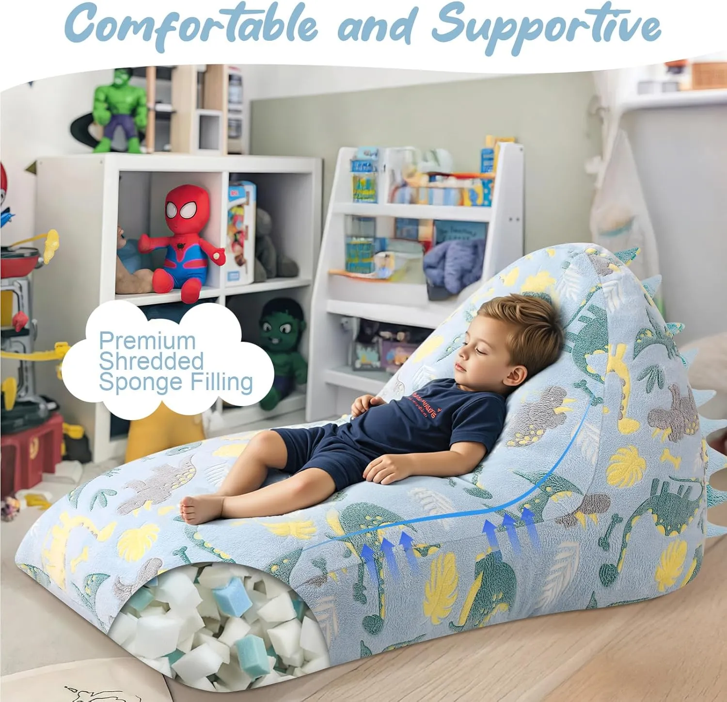 COMAX Dinosaur Bean Bag Chairs for Kids 8-12, Large Kid Beanbag Chair with Filler, Big Toddler Lounge Bean Chair, Children Lazy Floor Lounger for Girls Boys, Blue Dinosaur
