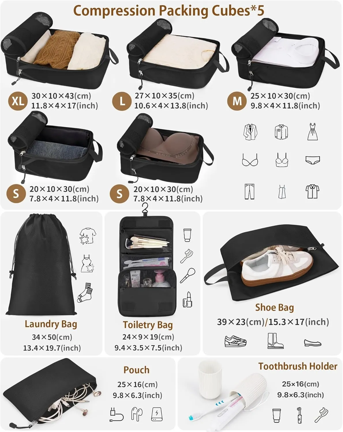 Compression Packing Cubes 10 Sets, Packing Organizers, Extensible Suitcase Organiser Bags, Travel Organizer Cubes for Travel Essentials Black
