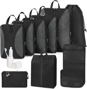 Compression Packing Cubes 10 Sets, Packing Organizers, Extensible Suitcase Organiser Bags, Travel Organizer Cubes for Travel Essentials Black