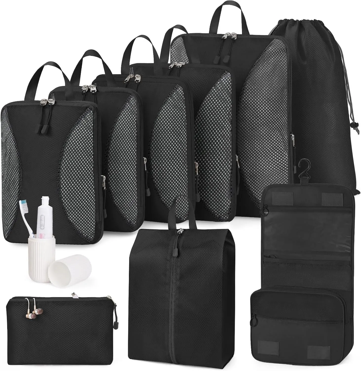 Compression Packing Cubes 10 Sets, Packing Organizers, Extensible Suitcase Organiser Bags, Travel Organizer Cubes for Travel Essentials Black