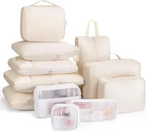 Compression Packing Cubes 11 Set, Suitcase Organizers, Luggage Organizer Bags for Storage, Extendable Packing Cubes for Travel Compression, Travel Essentials, Beige