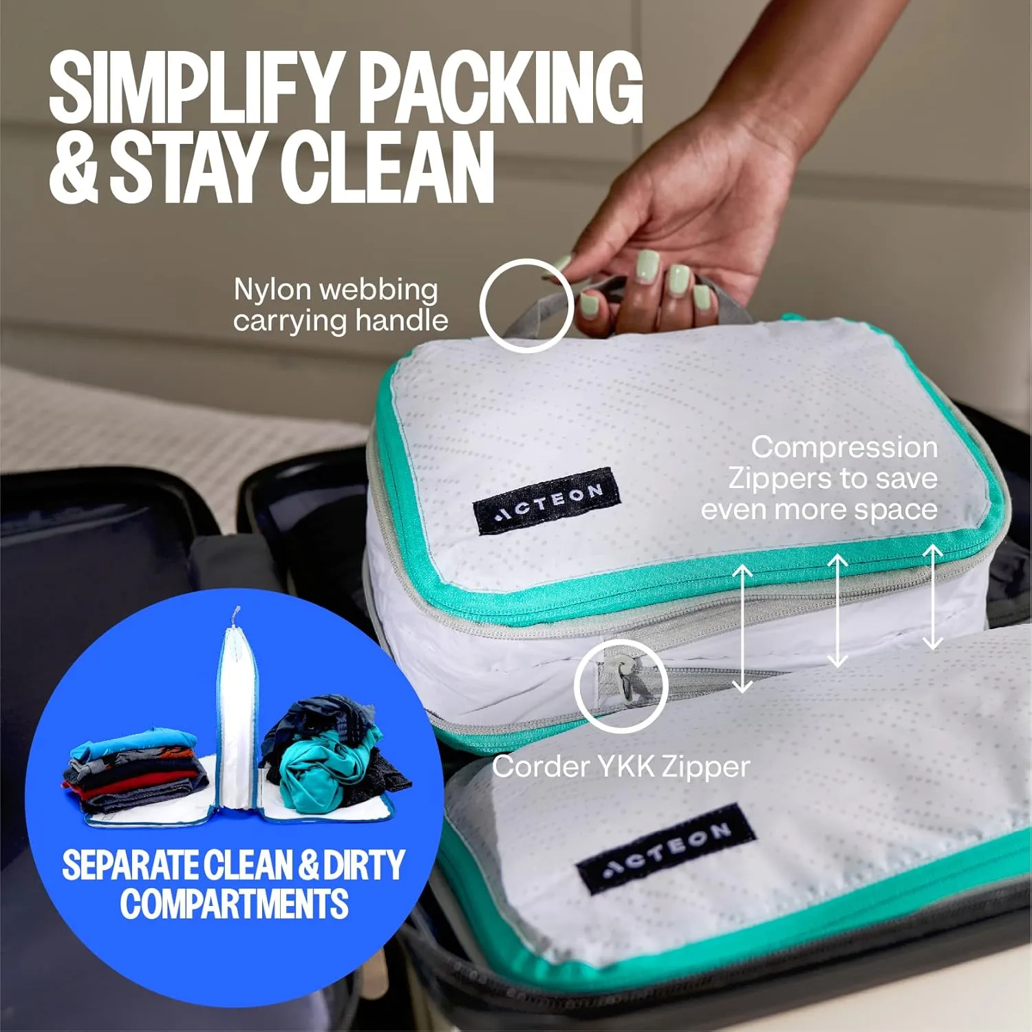 Compression Packing Cubes - 2 Pack Clean Dirty Separate Zipper - Luggage & Suitcase Organizer Travel Cube, Large Small Laundry Compartment Organizers for Clothes, Shoes Makeup