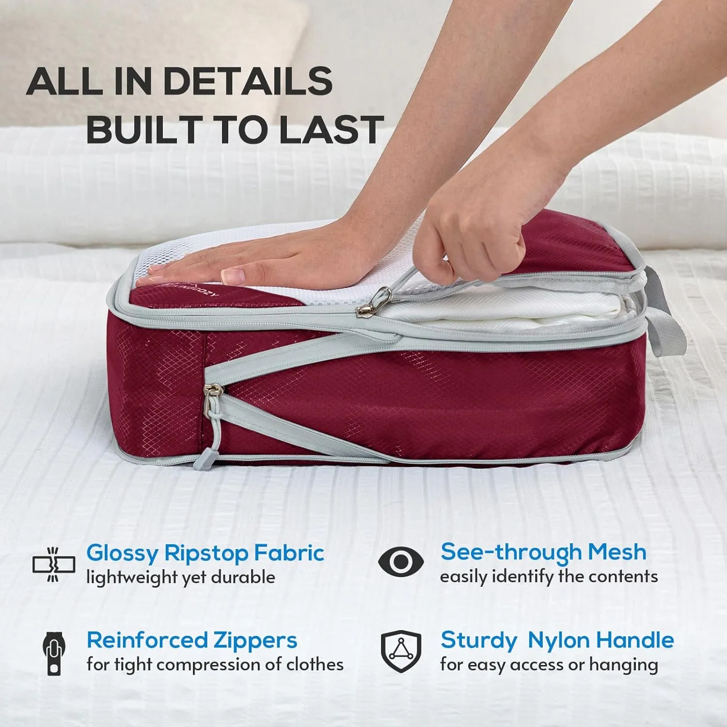 Compression Packing Cubes, 5 Set Packing Cubes for Travel Compression, Lightweight Compressible Package Organizer for Carry On and Suitcases, Wine