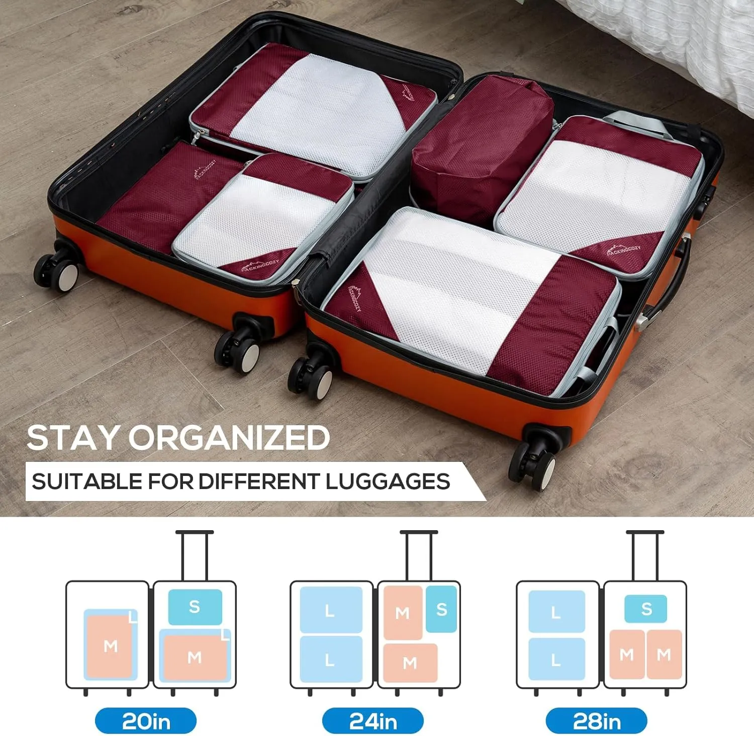 Compression Packing Cubes, 5 Set Packing Cubes for Travel Compression, Lightweight Compressible Package Organizer for Carry On and Suitcases, Wine