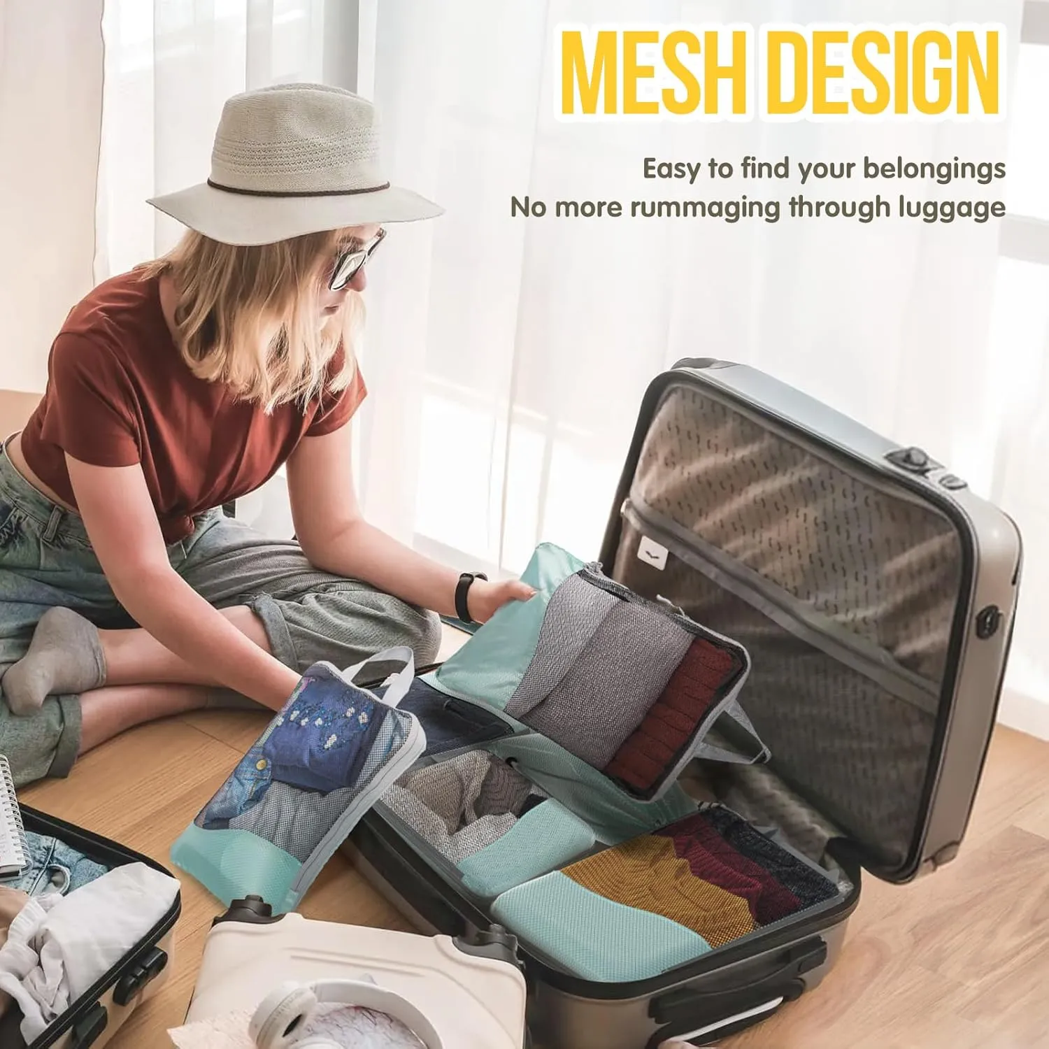 Compression Packing Cubes 6 Set, Dual Zipper Compression Packing Cubes for Travel, See-Through Mesh Packing Bags for Suitcases, packing cubes with shoe bag