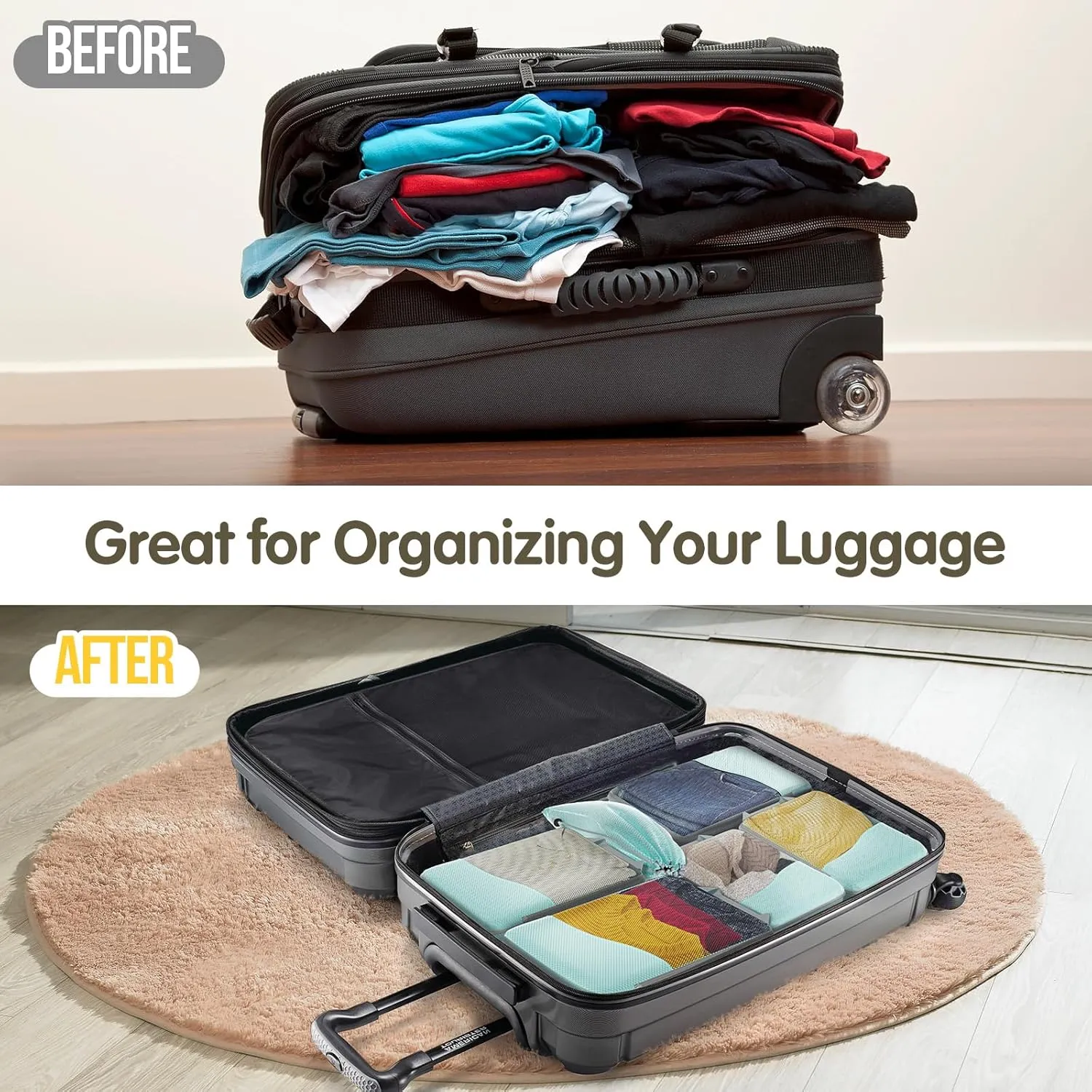 Compression Packing Cubes 6 Set, Dual Zipper Compression Packing Cubes for Travel, See-Through Mesh Packing Bags for Suitcases, packing cubes with shoe bag