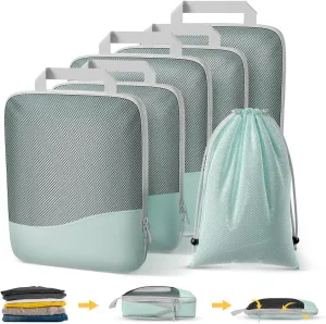 Compression Packing Cubes 6 Set, Dual Zipper Compression Packing Cubes for Travel, See-Through Mesh Packing Bags for Suitcases, packing cubes with shoe bag