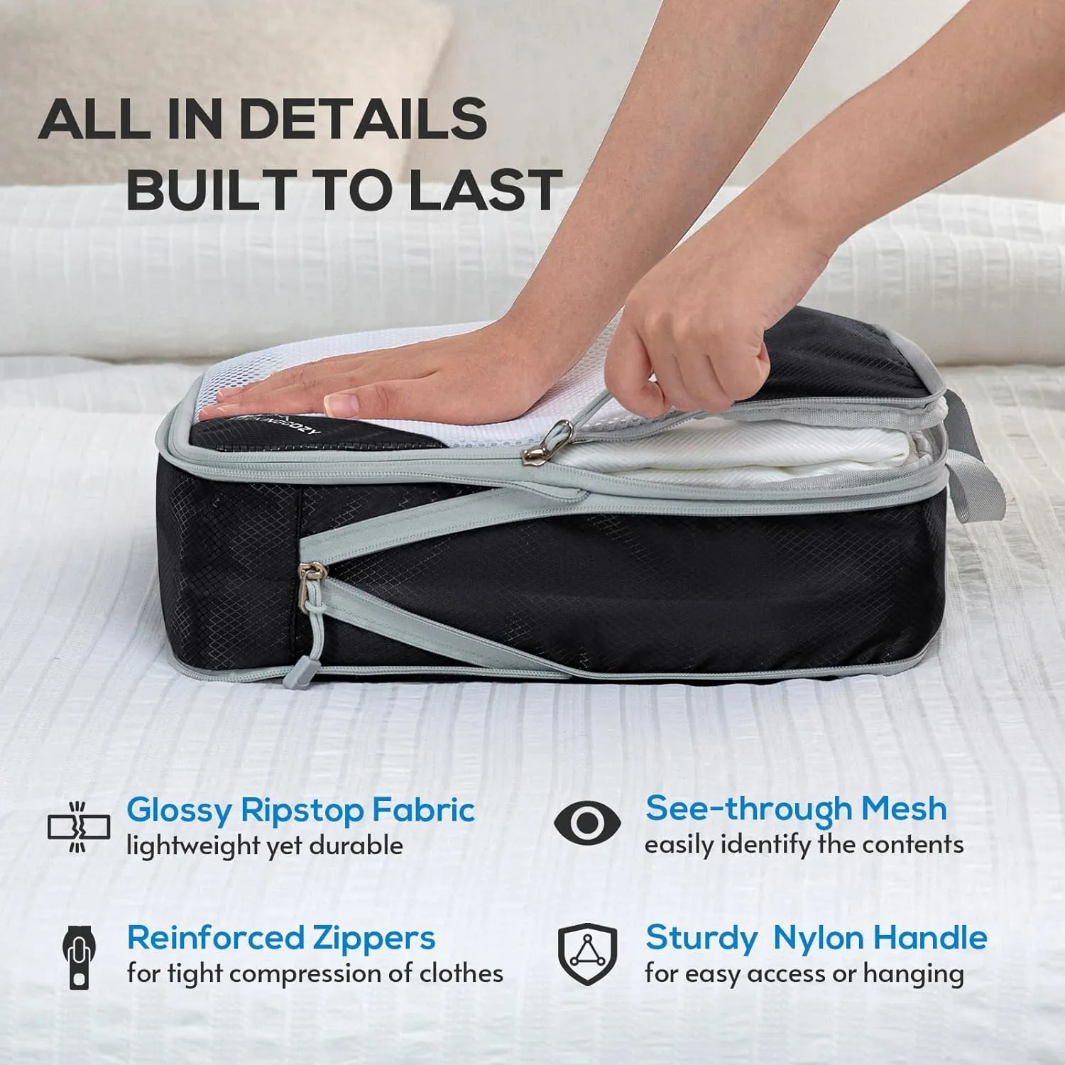 Compression Packing Cubes, 9 Set Packing Cubes for Travel Compression, Lightweight Compressible Package Organizer for Carry On and Suitcases, Black