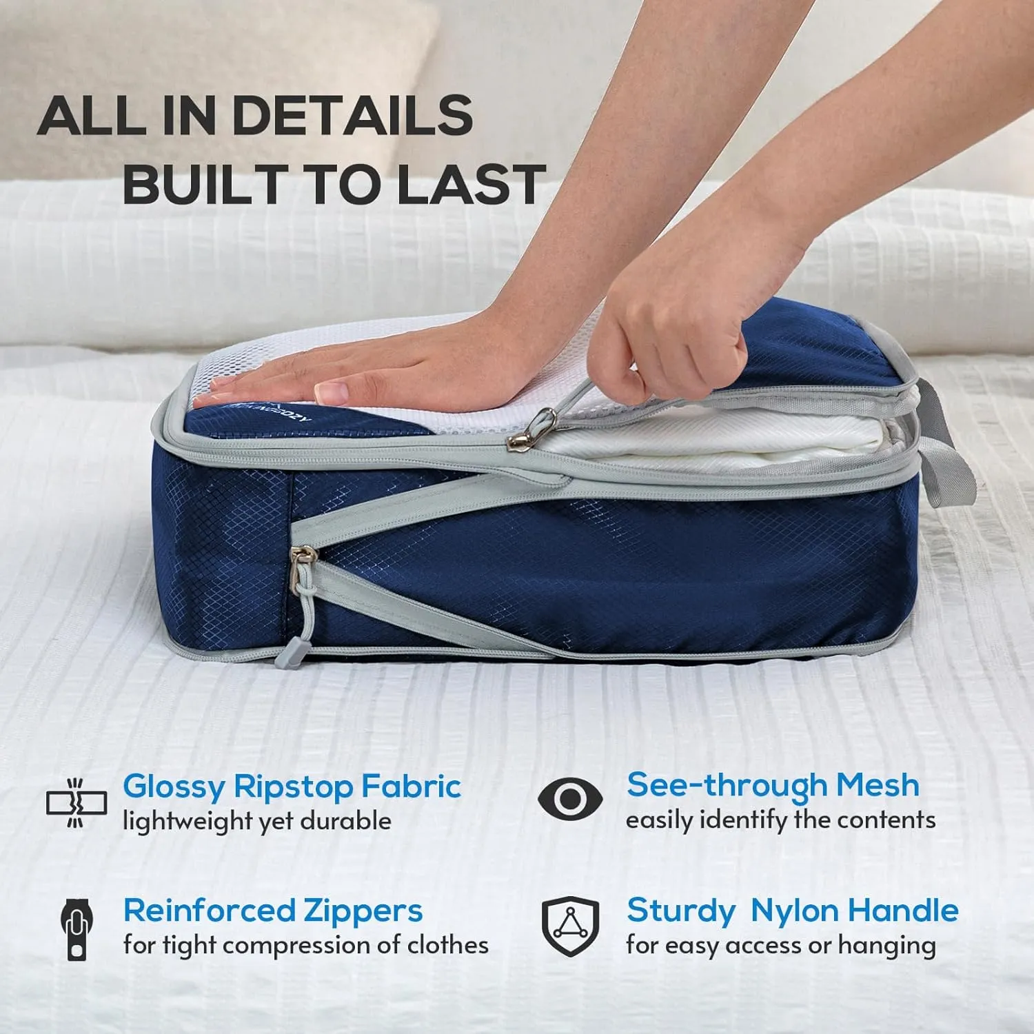 Compression Packing Cubes, 9 Set Packing Cubes for Travel Compression, Lightweight Compressible Package Organizer for Carry On and Suitcases, Navy