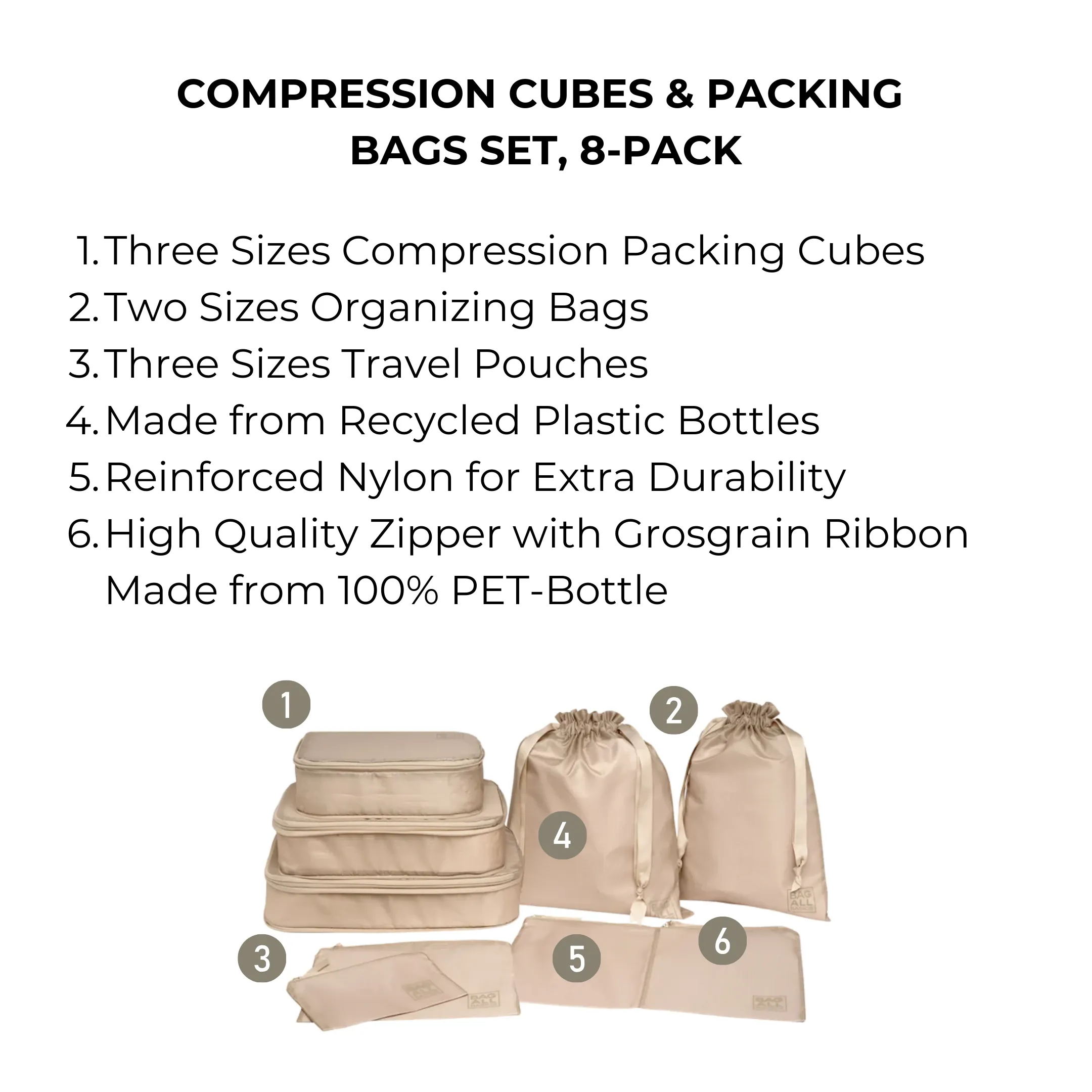 Compression Packing Cubes & Packing Bags – Recycled Nylon – 8 pc – Taupe