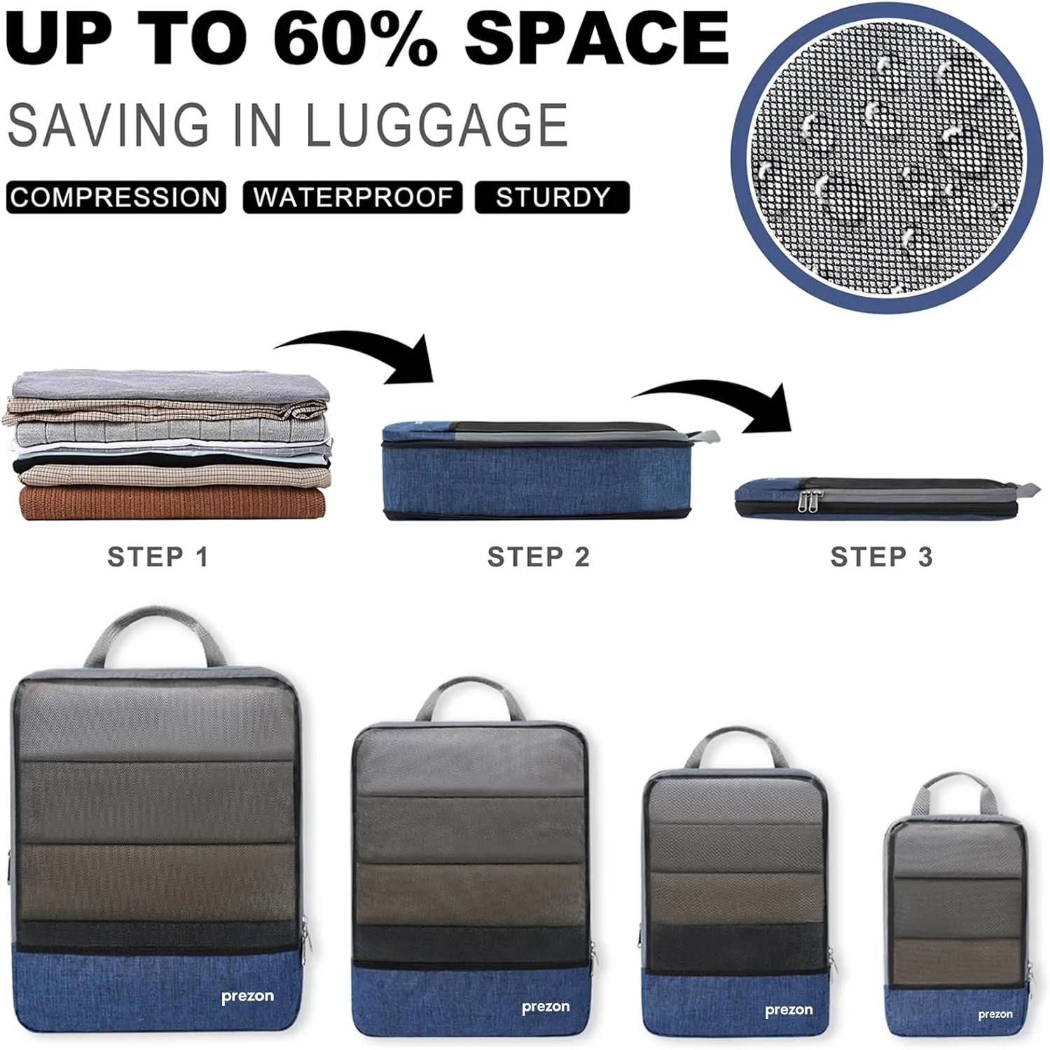 Compression Packing Cubes, Extensible Suitcase Organiser, Packing Organisers for Suitcases, Packing Cubes for Travel or Home Storage（4Set-Navy）
