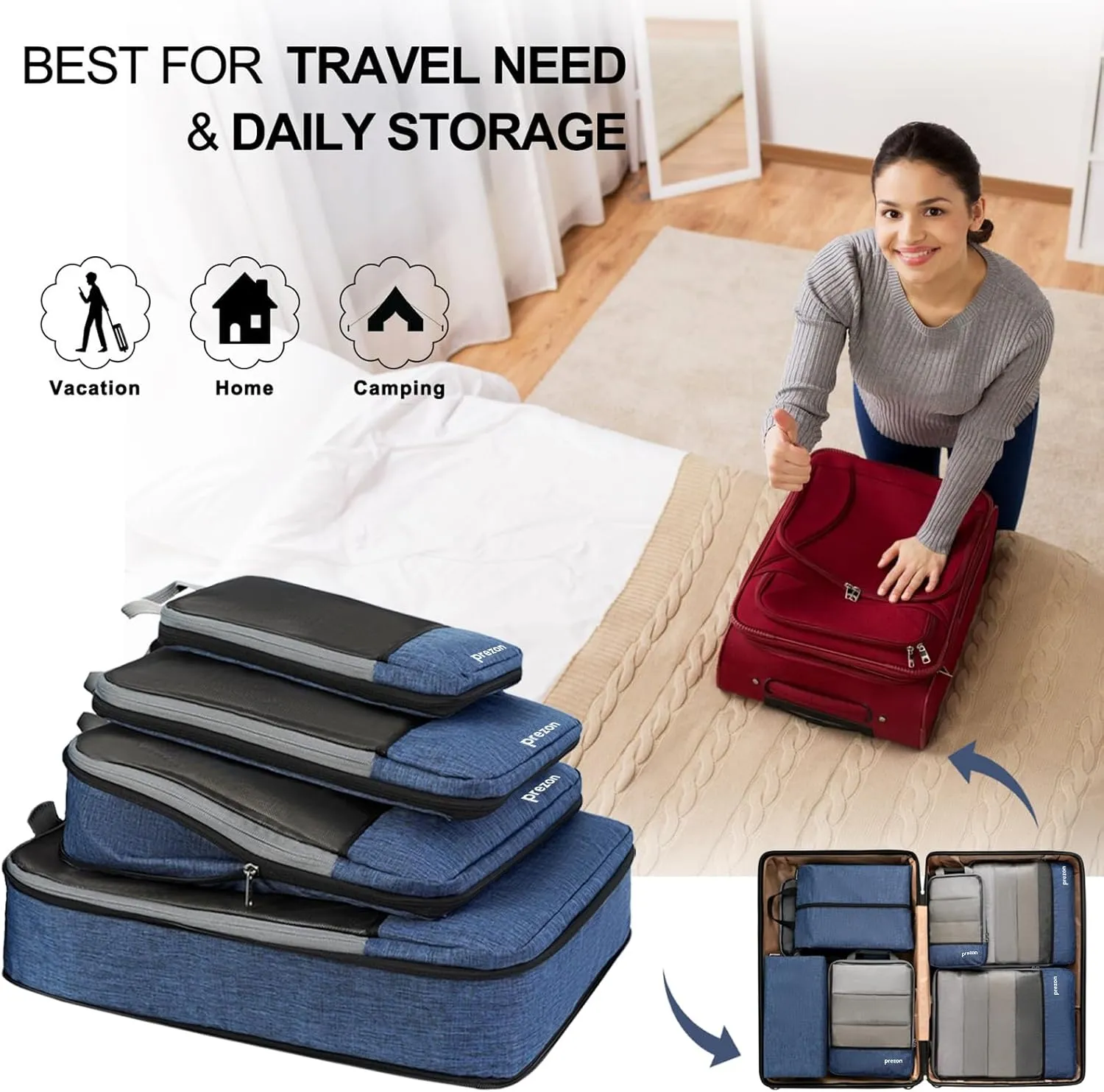 Compression Packing Cubes, Extensible Suitcase Organiser, Packing Organisers for Suitcases, Packing Cubes for Travel or Home Storage（4Set-Navy）
