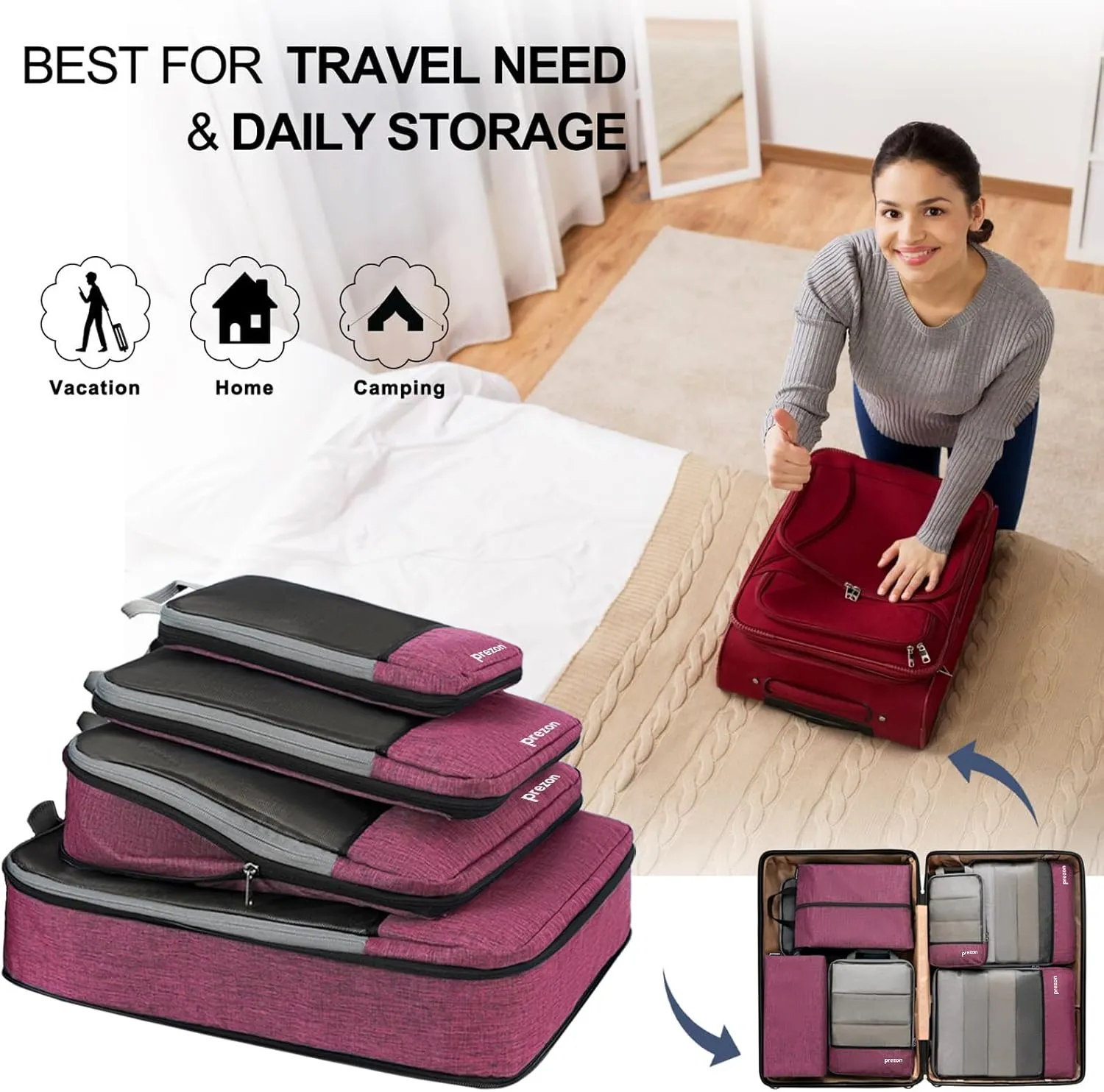 Compression Packing Cubes, Extensible Suitcase Organiser, Packing Organisers for Suitcases, Packing Cubes for Travel or Home Storage（4Set-Pink）