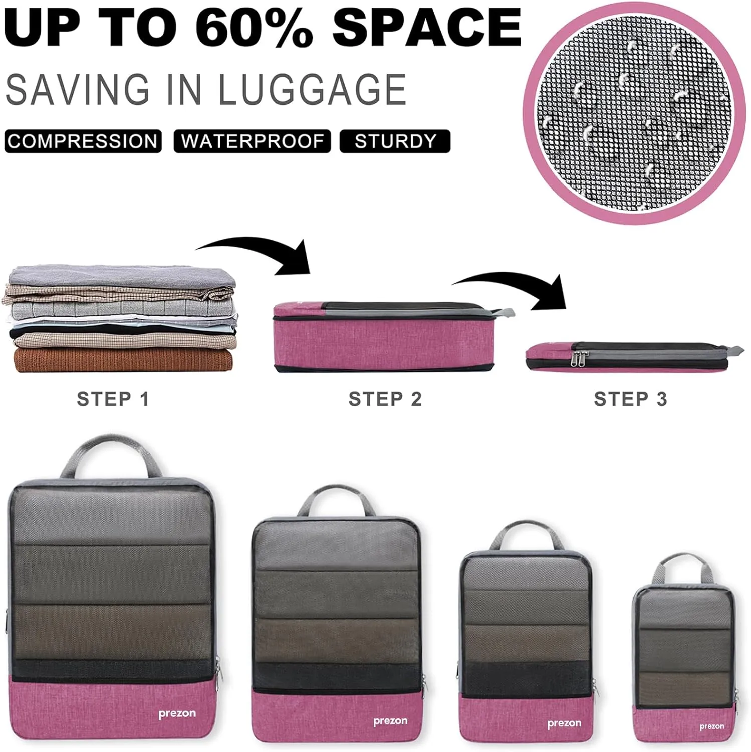 Compression Packing Cubes, Extensible Suitcase Organiser, Packing Organisers for Suitcases, Packing Cubes for Travel or Home Storage（4Set-Pink）