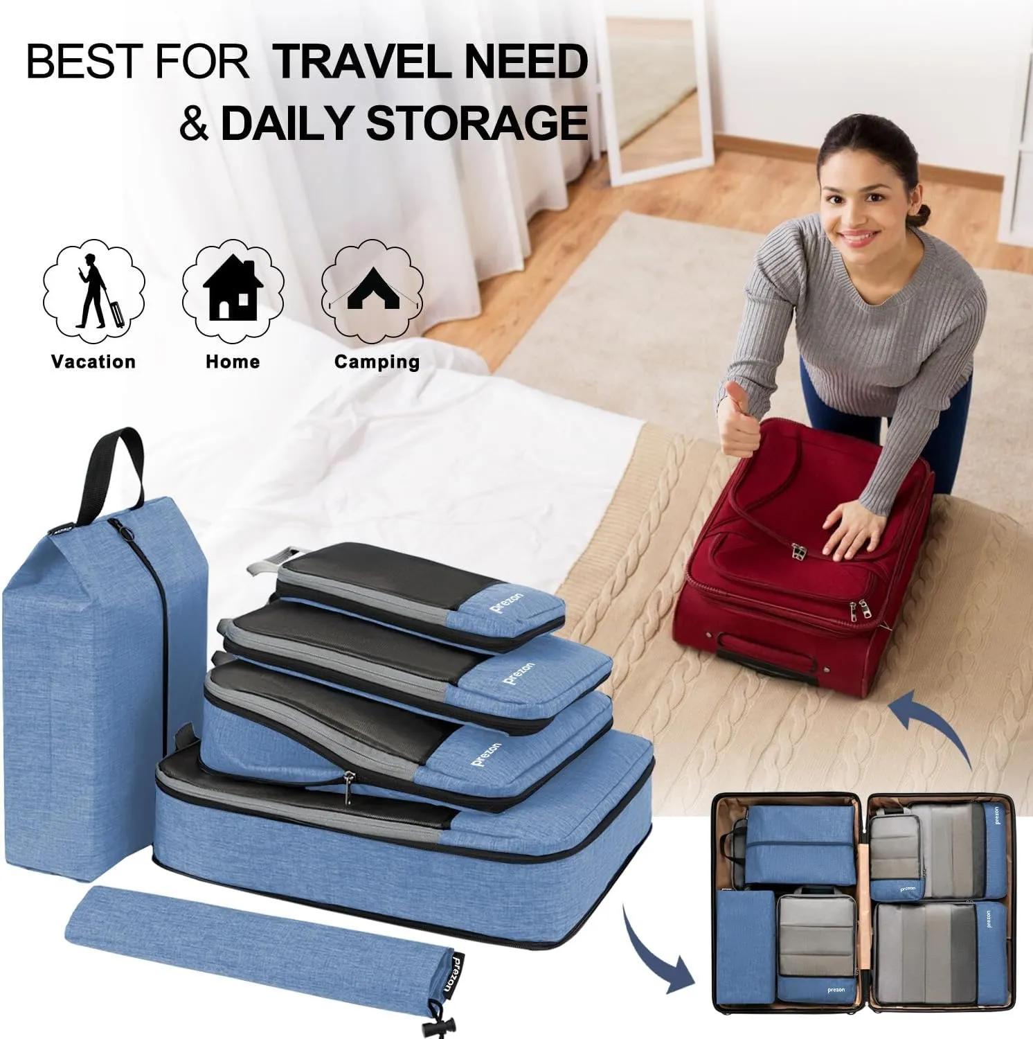 Compression Packing Cubes, Extensible Suitcase Organiser, Packing Organisers for Suitcases, Packing Cubes for Travel or Home Storage（6Set-Blue）