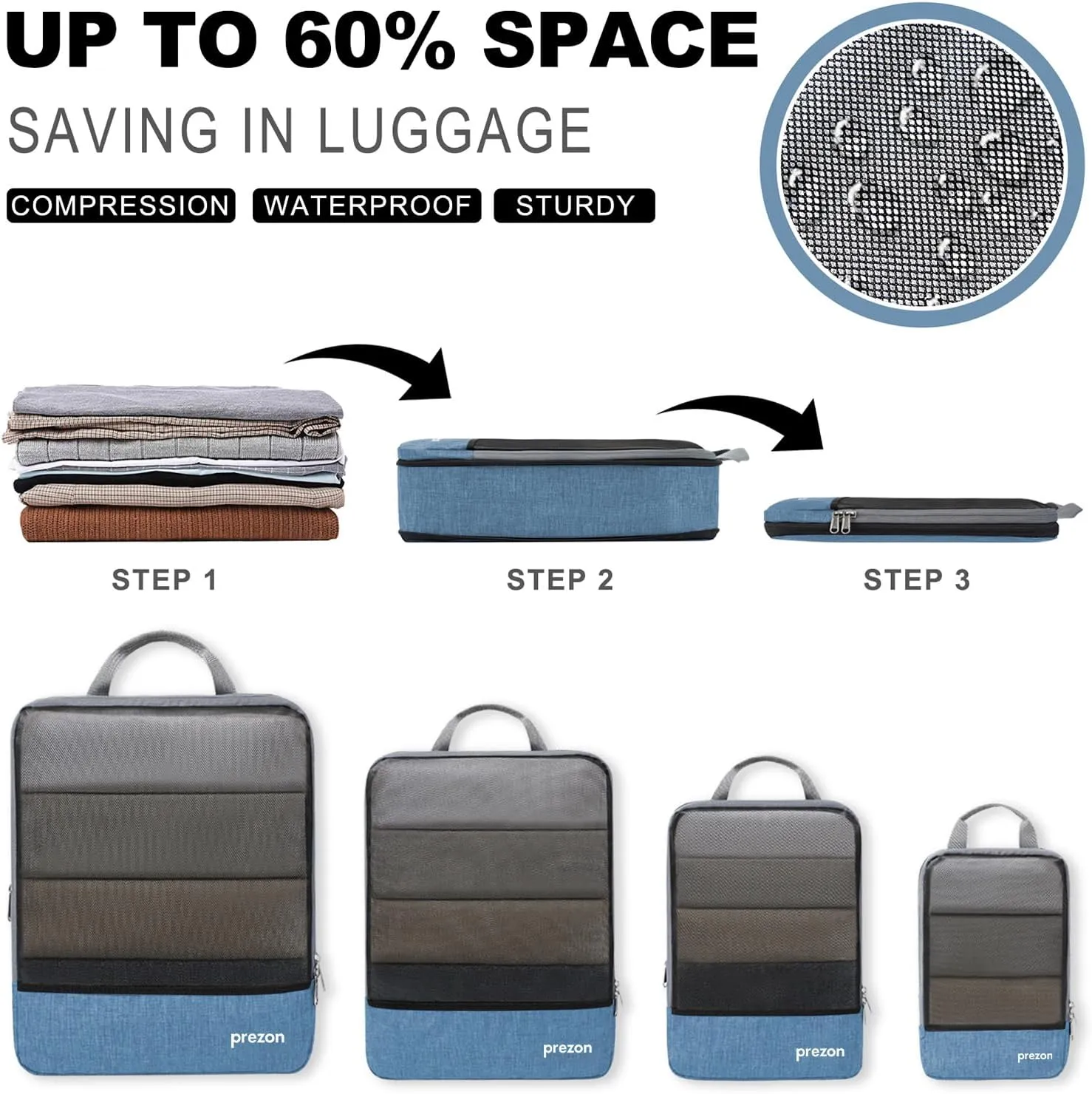 Compression Packing Cubes, Extensible Suitcase Organiser, Packing Organisers for Suitcases, Packing Cubes for Travel or Home Storage（6Set-Blue）