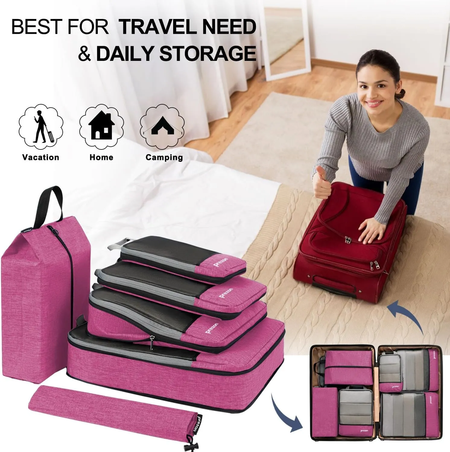 Compression Packing Cubes, Extensible Suitcase Organiser, Packing Organisers for Suitcases, Packing Cubes for Travel or Home Storage（6Set-Pink）