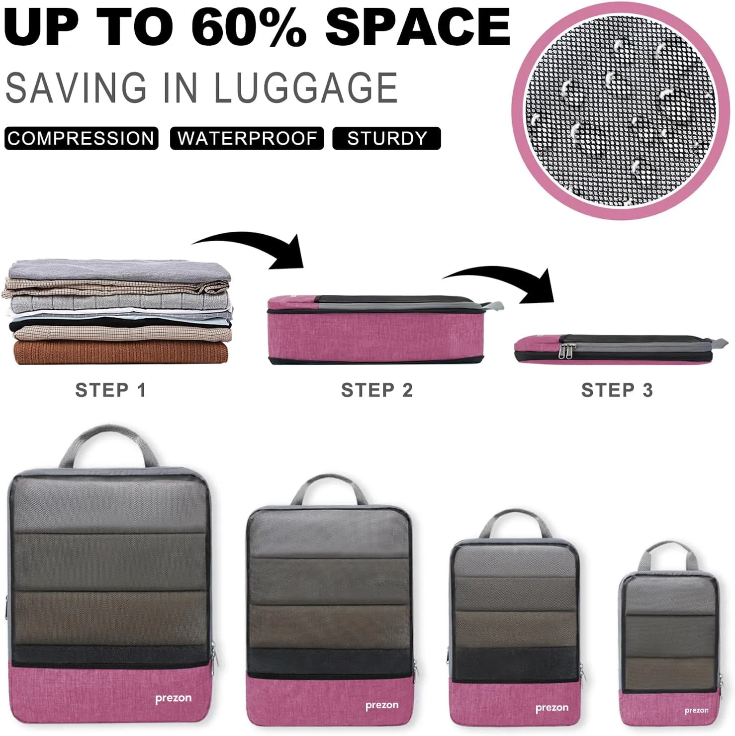 Compression Packing Cubes, Extensible Suitcase Organiser, Packing Organisers for Suitcases, Packing Cubes for Travel or Home Storage（6Set-Pink）