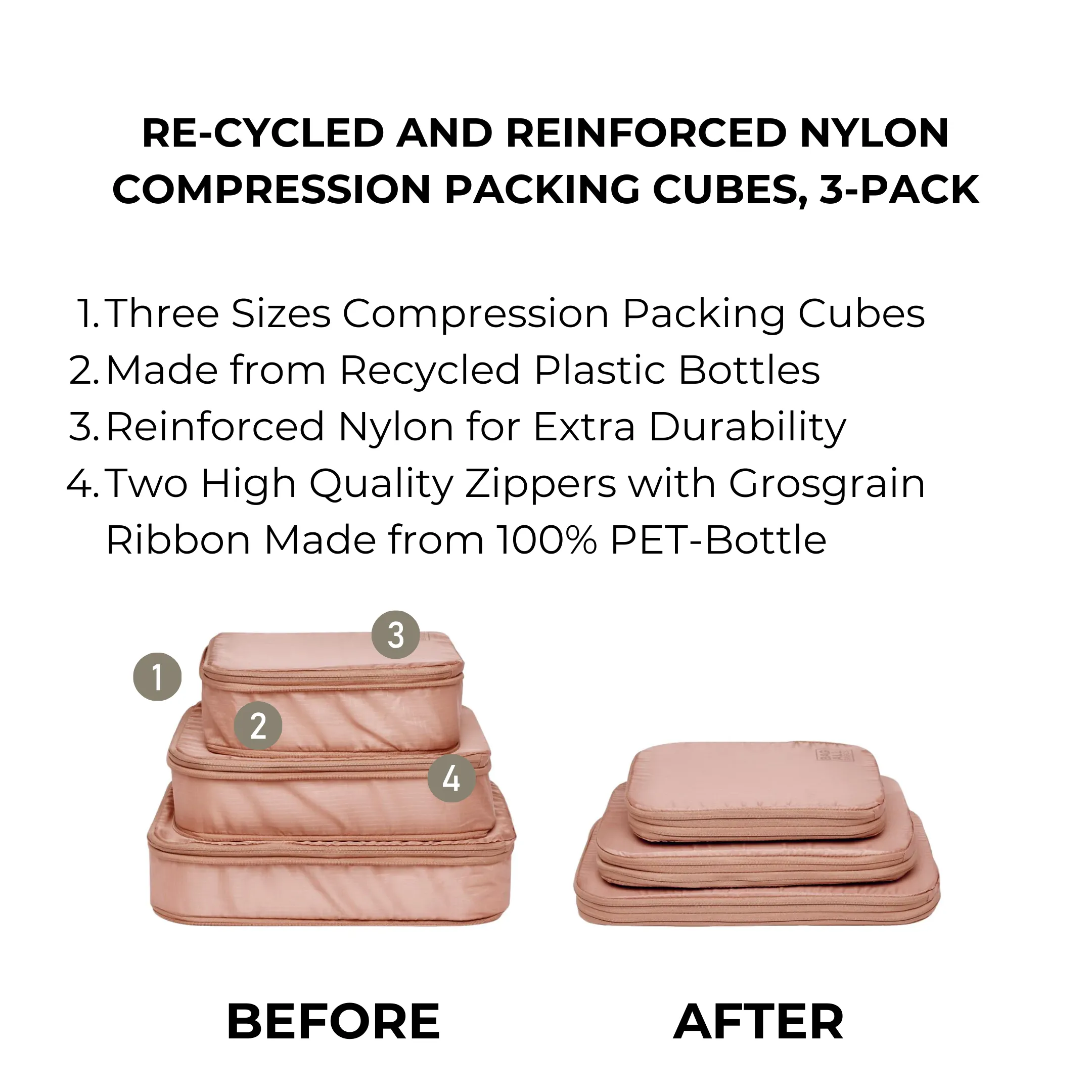 Compression Packing Cubes – Recycled Nylon – 3 pcs – Pink/Blush