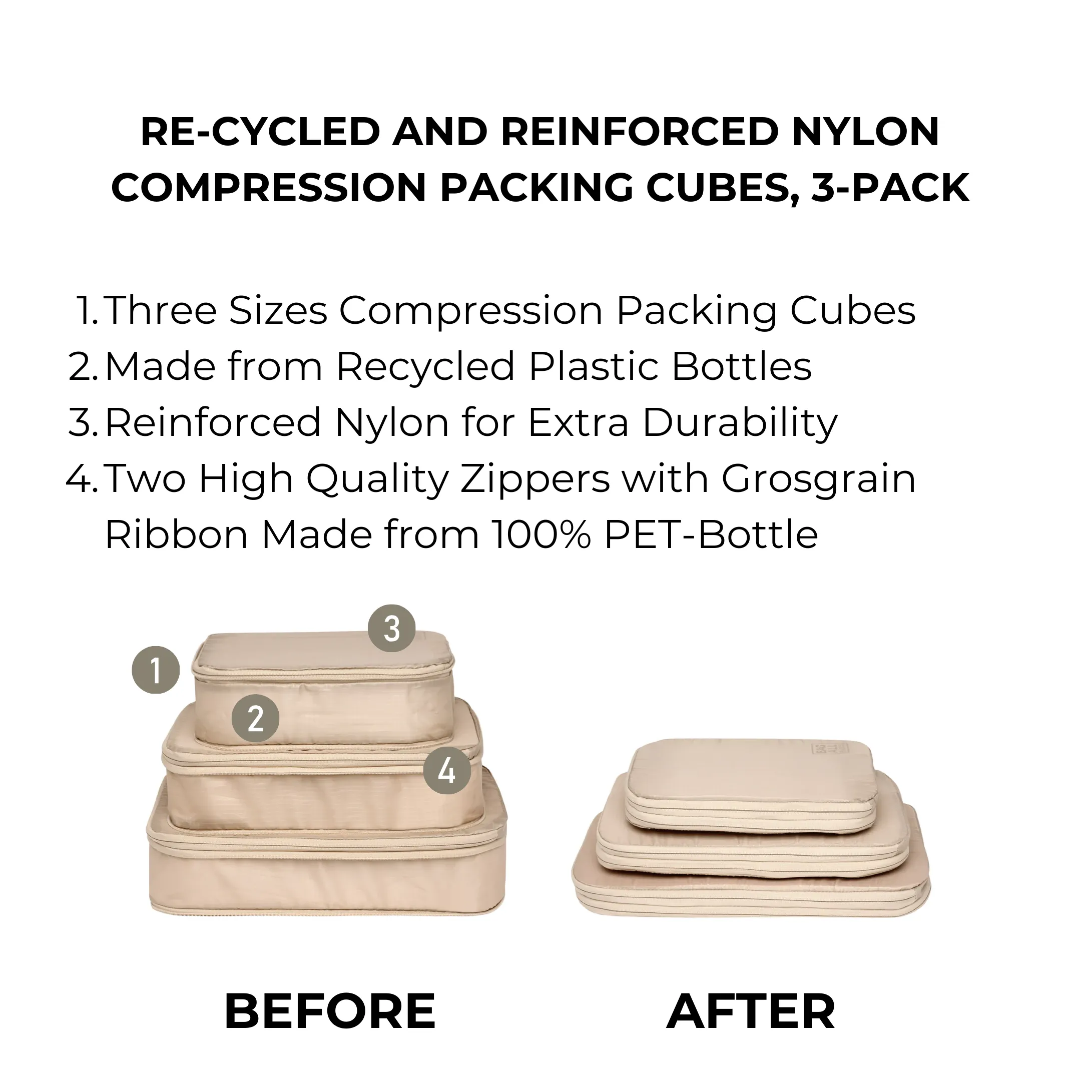 Compression Packing Cubes – Recycled Nylon – 3 pcs – Taupe