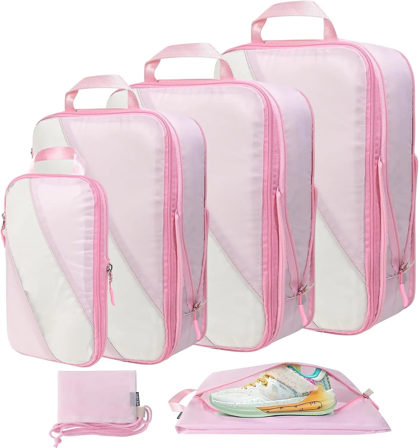 Compression Packing Cubes Set of 6, Travel Luggage Organizer for Suitcase, Packing Organizers for Travel Accessories, Breathable See Through Mesh, Durable Lightweight with Shoe Bags