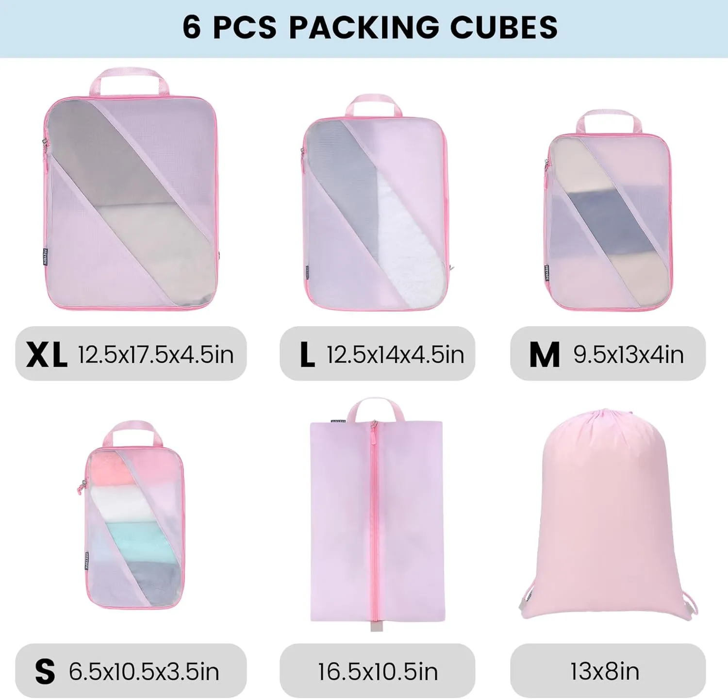 Compression Packing Cubes Set of 6, Travel Luggage Organizer for Suitcase, Packing Organizers for Travel Accessories, Breathable See Through Mesh, Durable Lightweight with Shoe Bags
