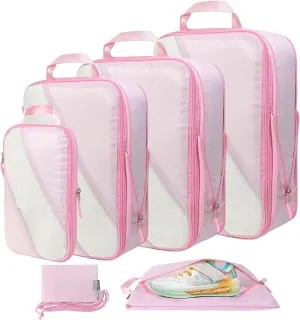 Compression Packing Cubes Set of 6, Travel Luggage Organizer for Suitcase, Packing Organizers for Travel Accessories, Breathable See Through Mesh, Durable Lightweight with Shoe Bags