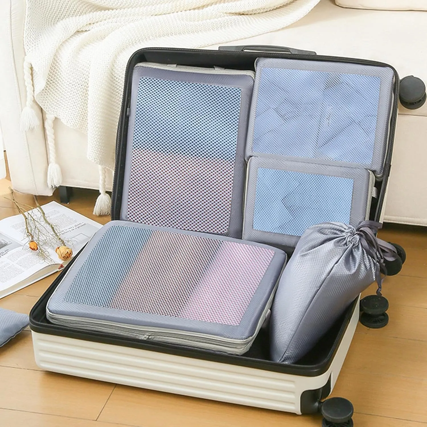 Compression Packing Cubes - Set of 8 Compression Packing Bags | Waterproof Bags for Suitcase | Travel Compression Storage Bags | Moving House Organization Clothing Containers for Attic, Closets