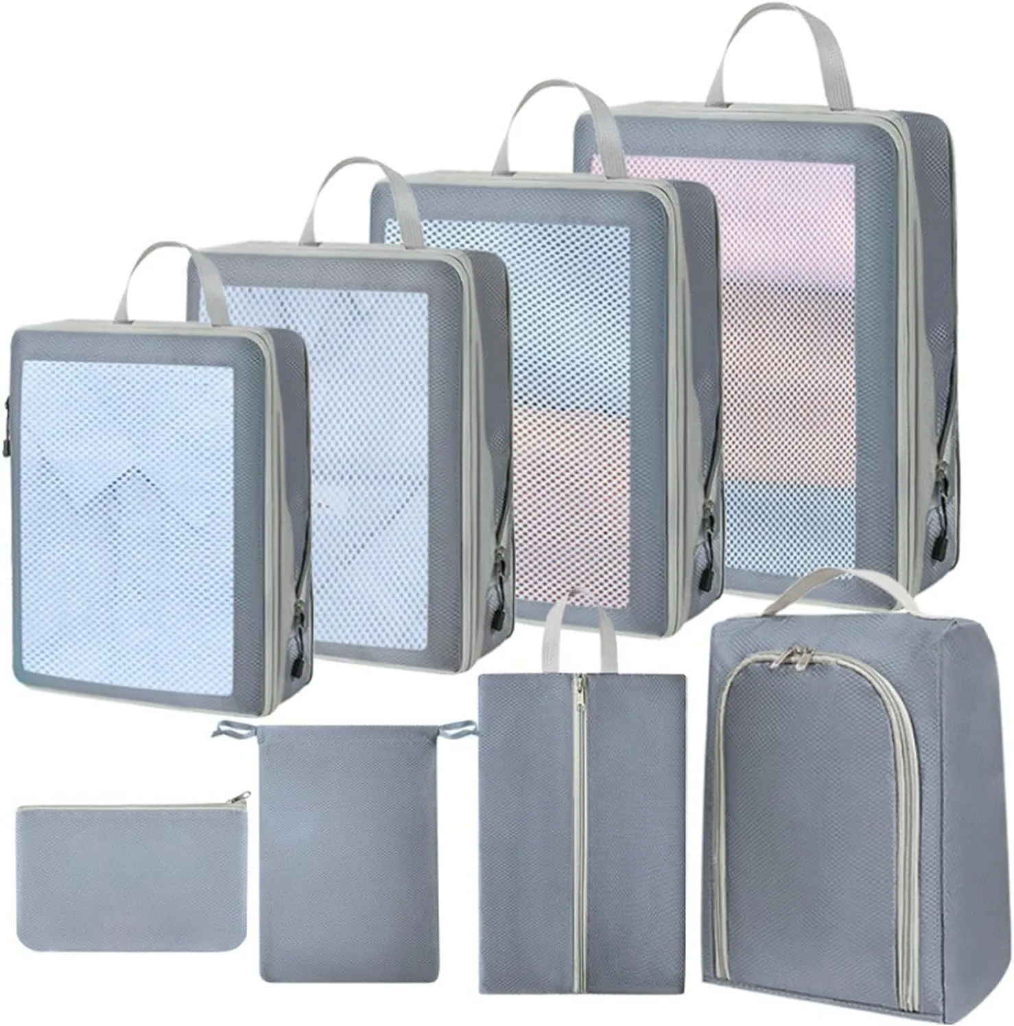 Compression Packing Cubes - Set of 8 Compression Packing Bags | Waterproof Bags for Suitcase | Travel Compression Storage Bags | Moving House Organization Clothing Containers for Attic, Closets
