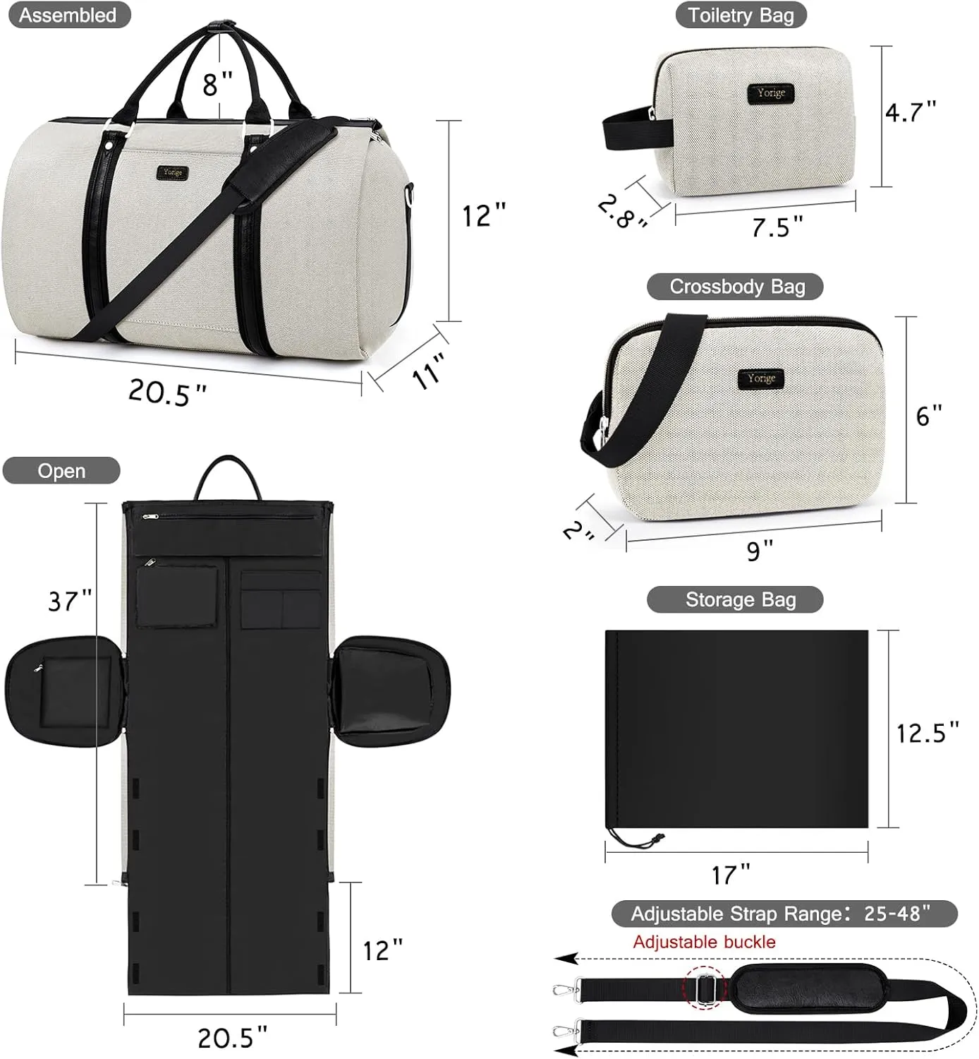 Convertible Garment Duffle Bags for Travel - Carry on Garment Bag for Men Women Large Travel Duffel Bag with Crossbody Bag 4pcs Set, 2 in 1 Hanging Suit Dress Clothes Travel Bag