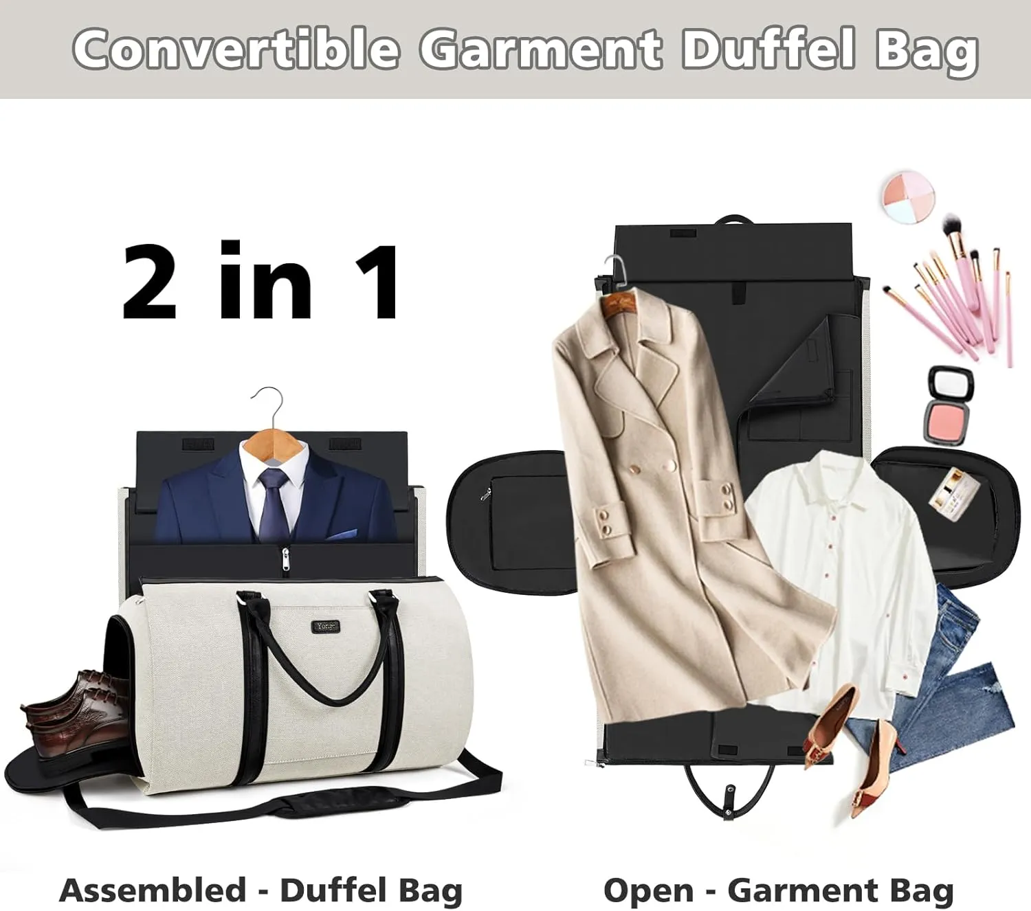Convertible Garment Duffle Bags for Travel - Carry on Garment Bag for Men Women Large Travel Duffel Bag with Crossbody Bag 4pcs Set, 2 in 1 Hanging Suit Dress Clothes Travel Bag