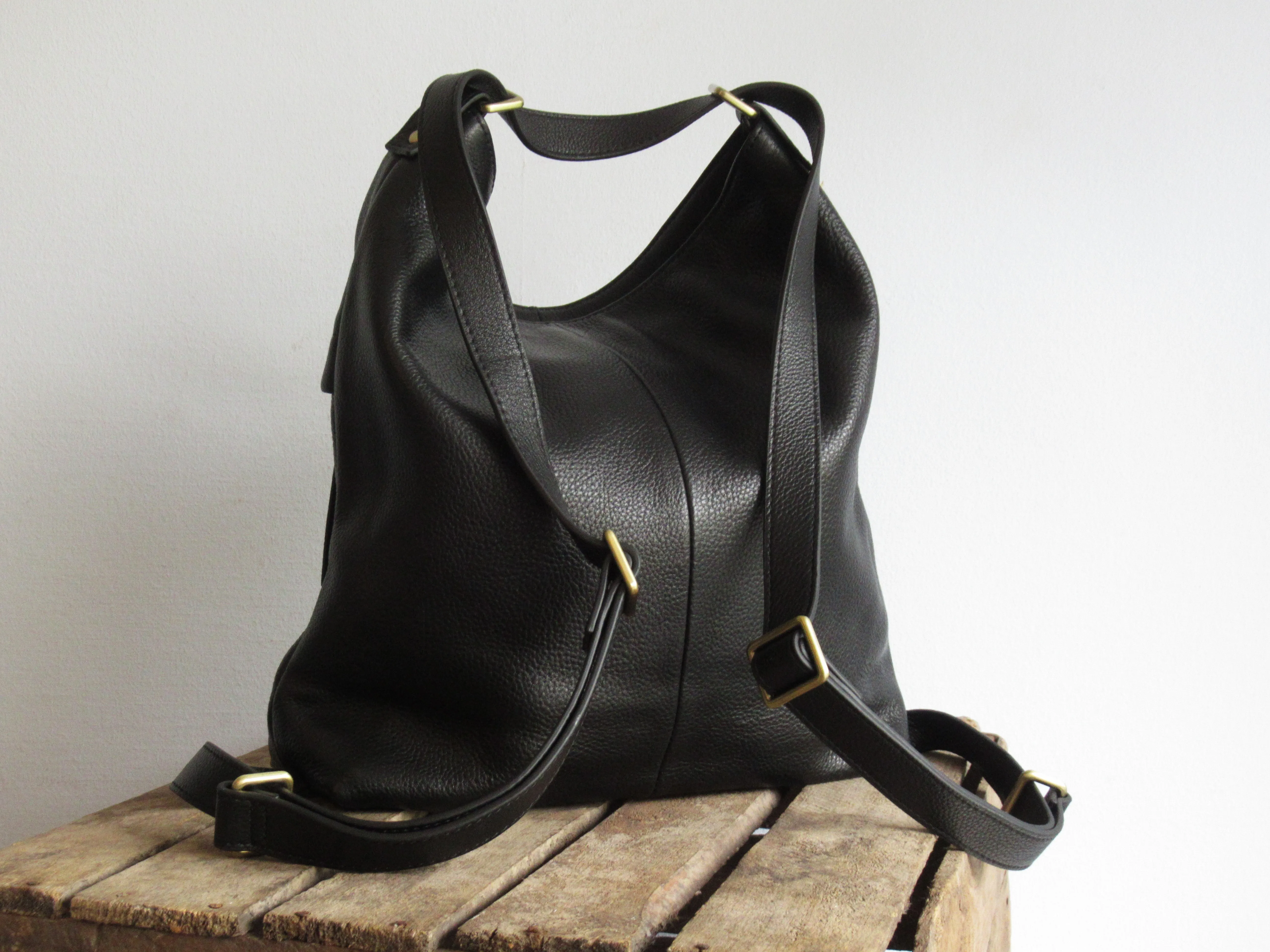 Convertible Leather Backpack in Black
