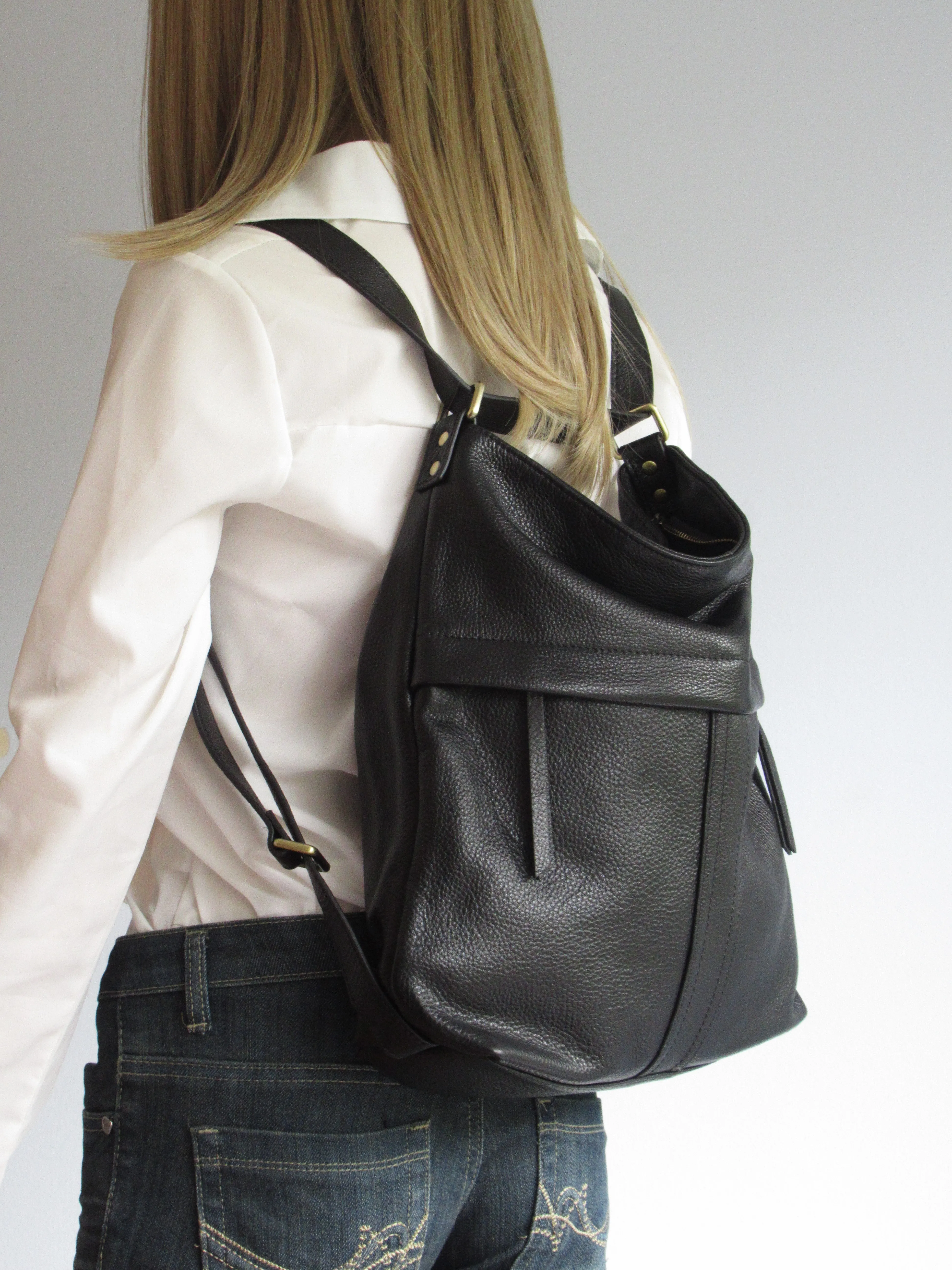 Convertible Leather Backpack in Black