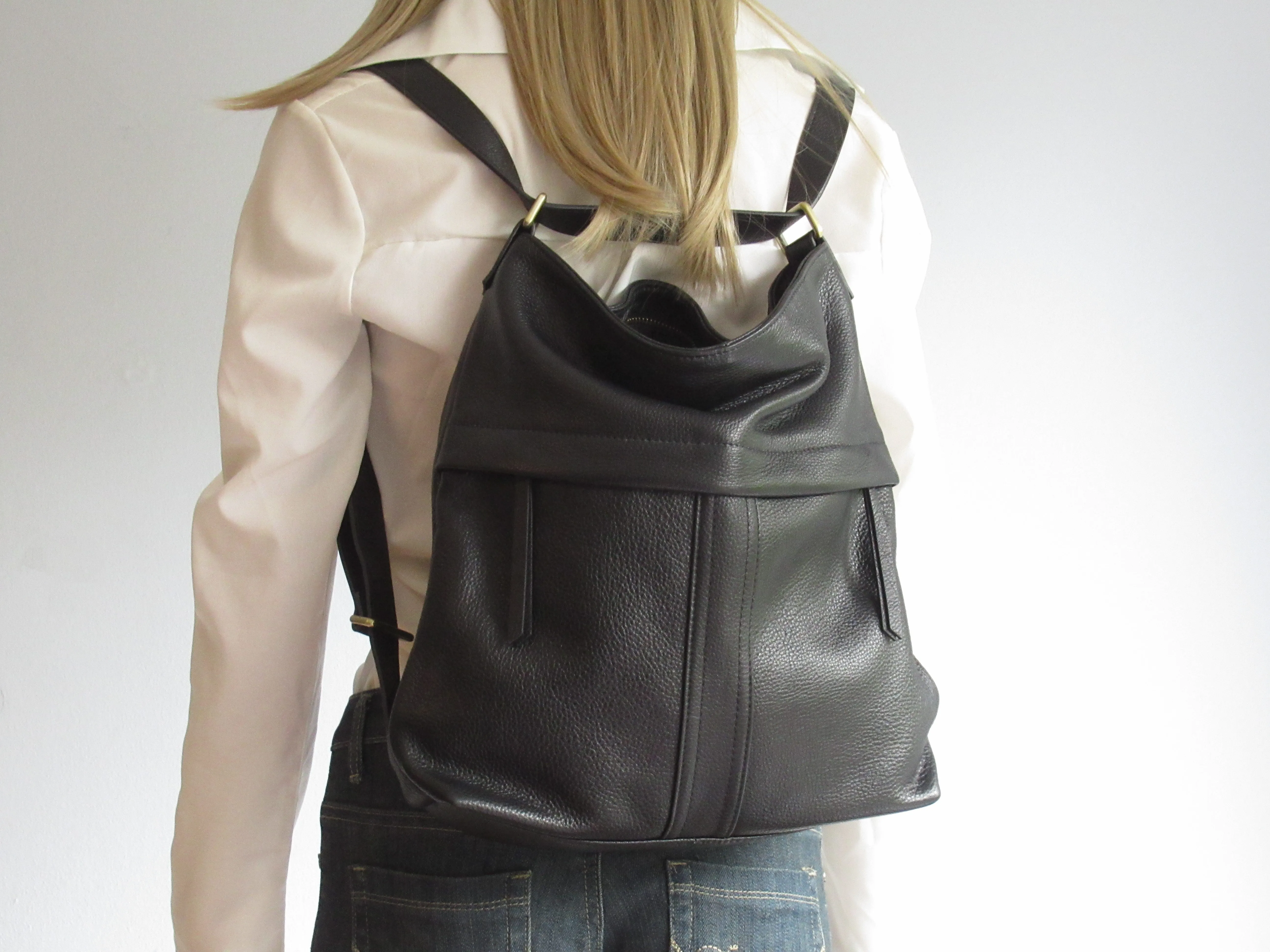 Convertible Leather Backpack in Black