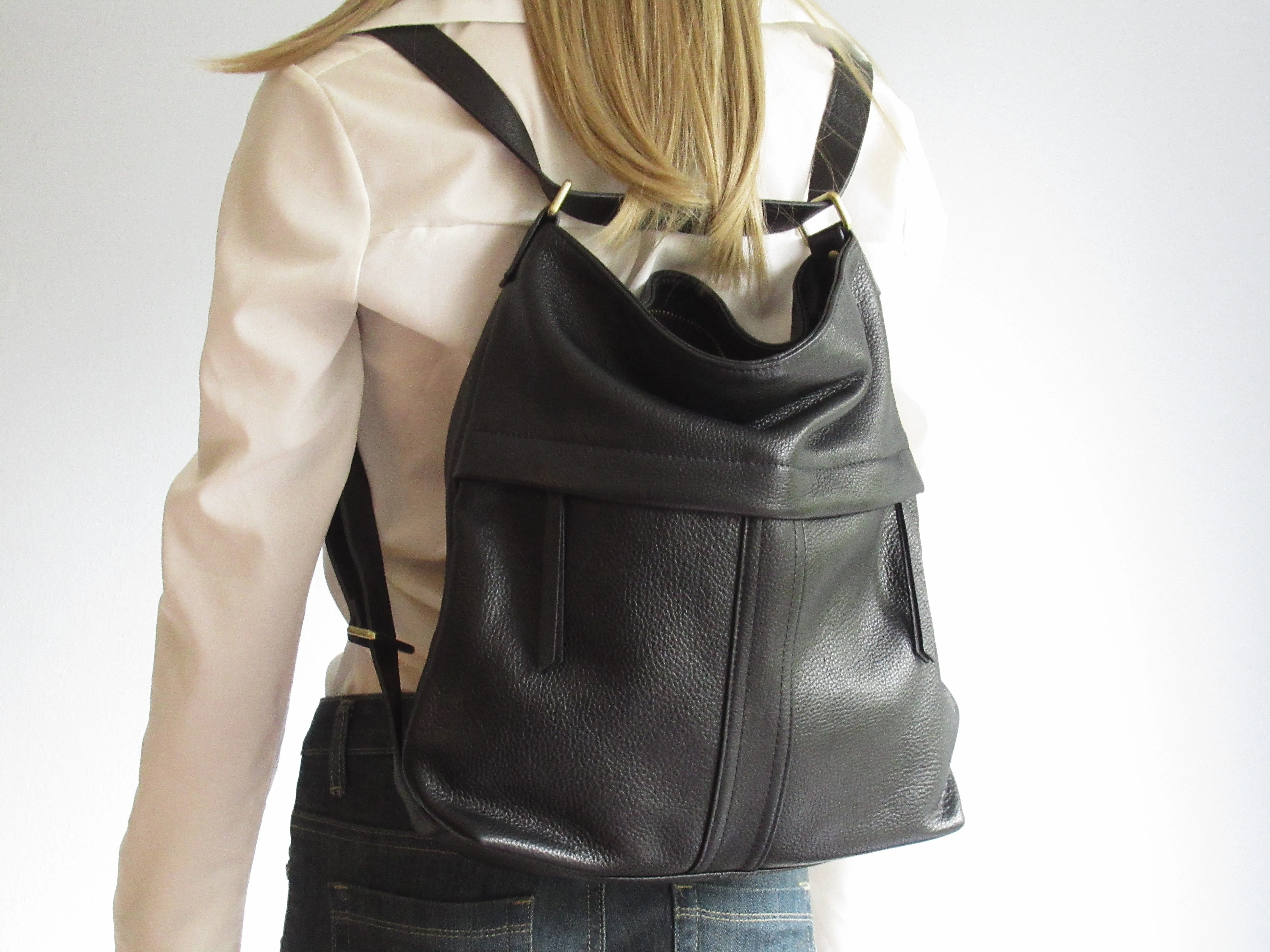 Convertible Leather Backpack in Black